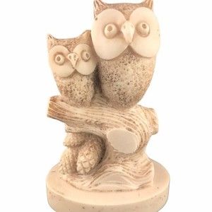 Owl Figurine Adult & Baby Tree Branch 5” Beige Cream Farmhouse Cottage Marked AG